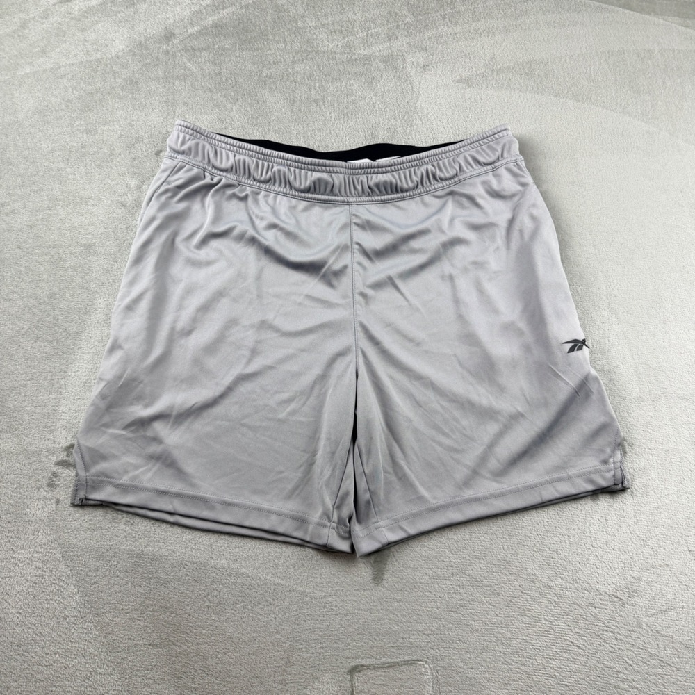 Reebok Men's Large Gray Athletic Gym Training Shorts Branded Waistband Mesh Side
